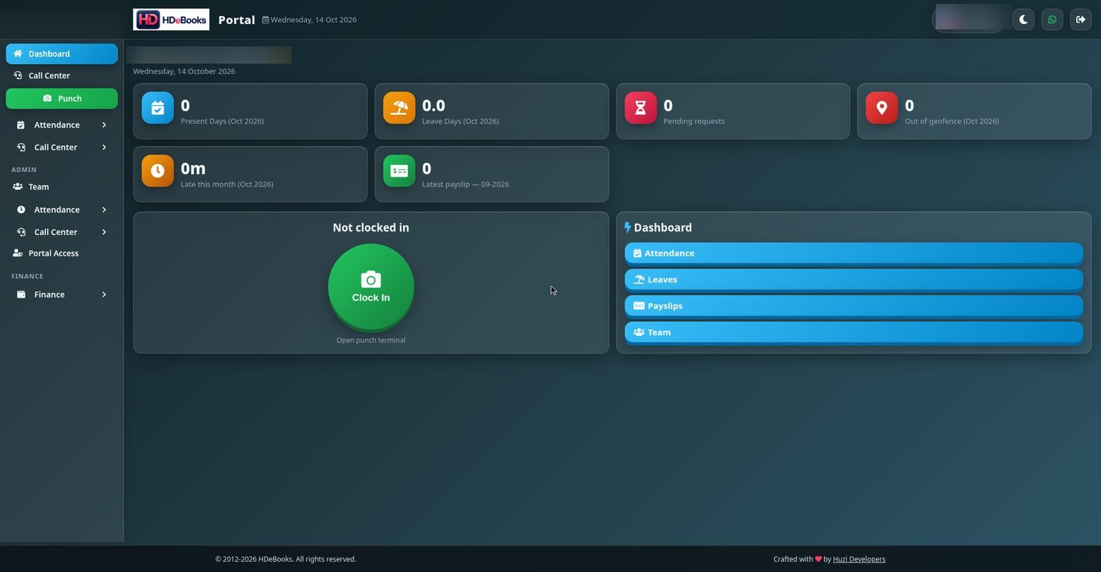 Portal dashboard with Clock In terminal