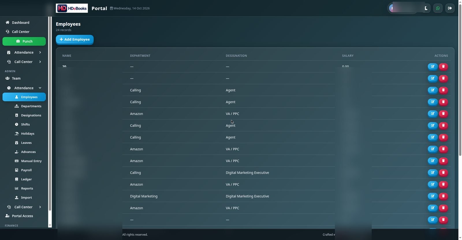 Employees list in the Portal