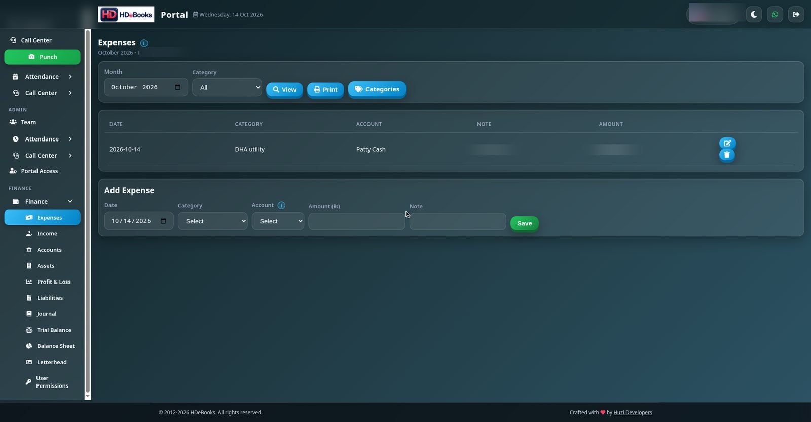 Expenses page with Add Expense form