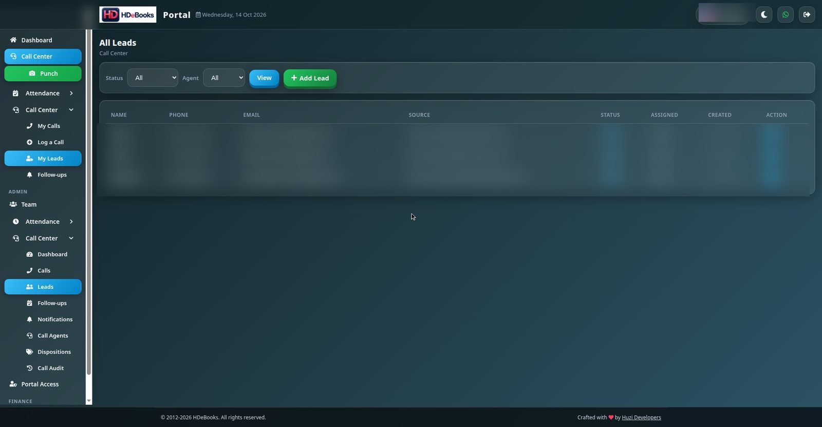 Leads list in the Portal call center