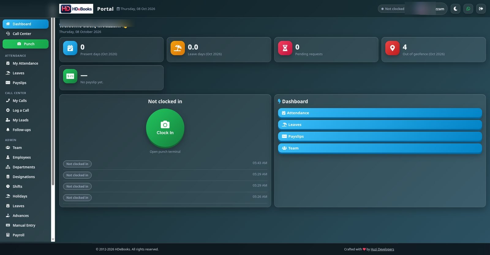 HDeBooks Portal dashboard — employee self-service with punch terminal