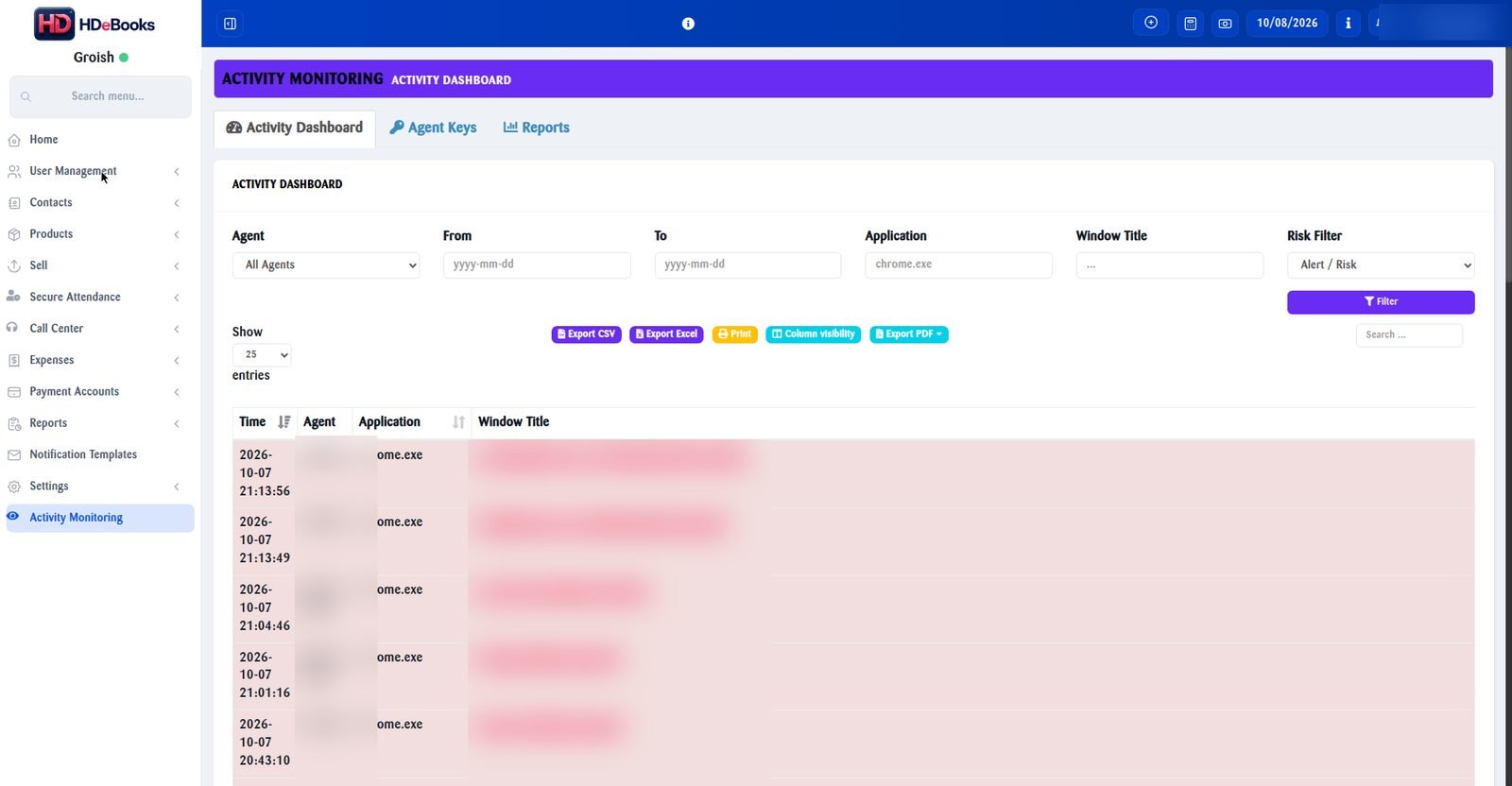 Real screenshot — HDeBooks Activity Monitor dashboard with live PC activity