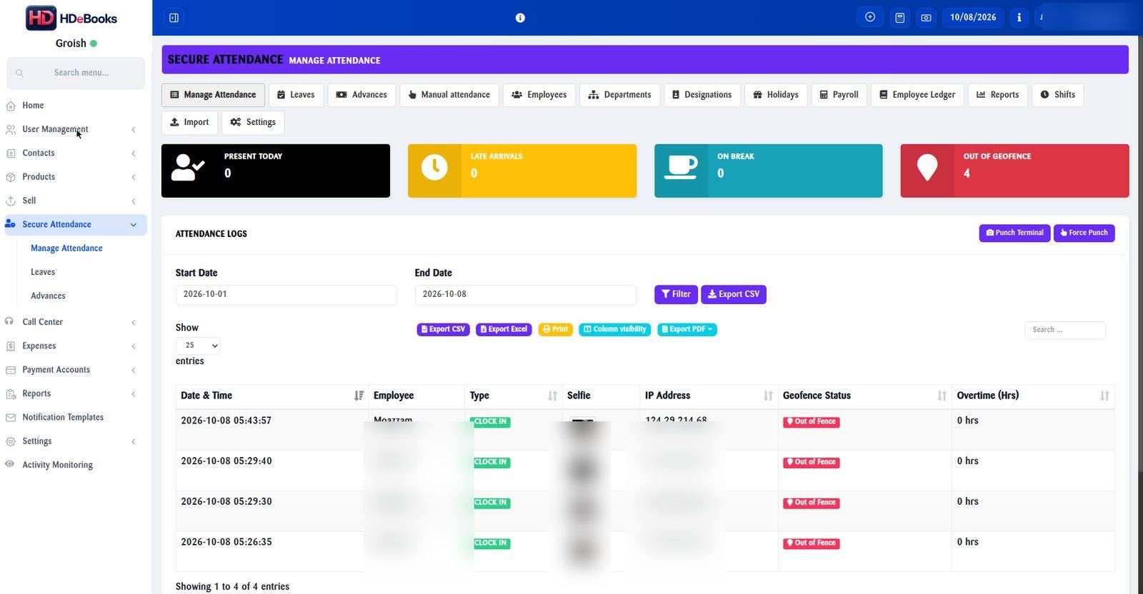 Real screenshot — HDeBooks Secure Attendance logs with selfie verification