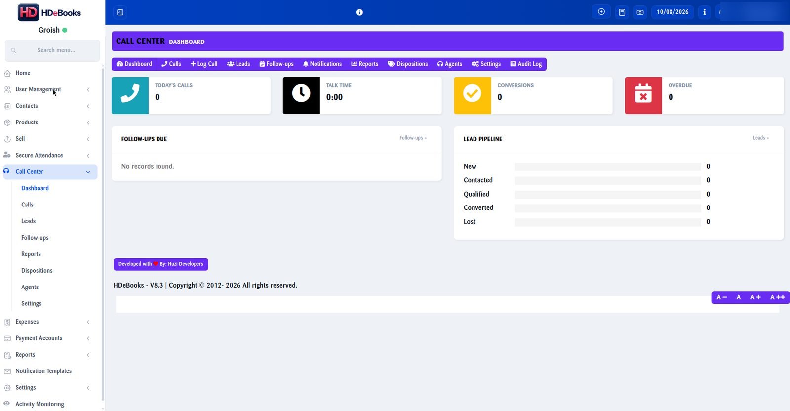 Real screenshot — HDeBooks Call Center dashboard with calls, talk time and lead pipeline